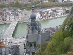 The city center with the Notre Dame de Dinant church and the Pont Charles de Gaulle bridge over the Meuse river, viewed from the top of the cable car ride to the Citadel of Dinant