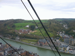 The city center with the Meuse river, the La Merveilleuse Hotel and the Villa Mouchenne restaurant, viewed from the top of the cable car ride to the southeast part of the Citadel of Dinant