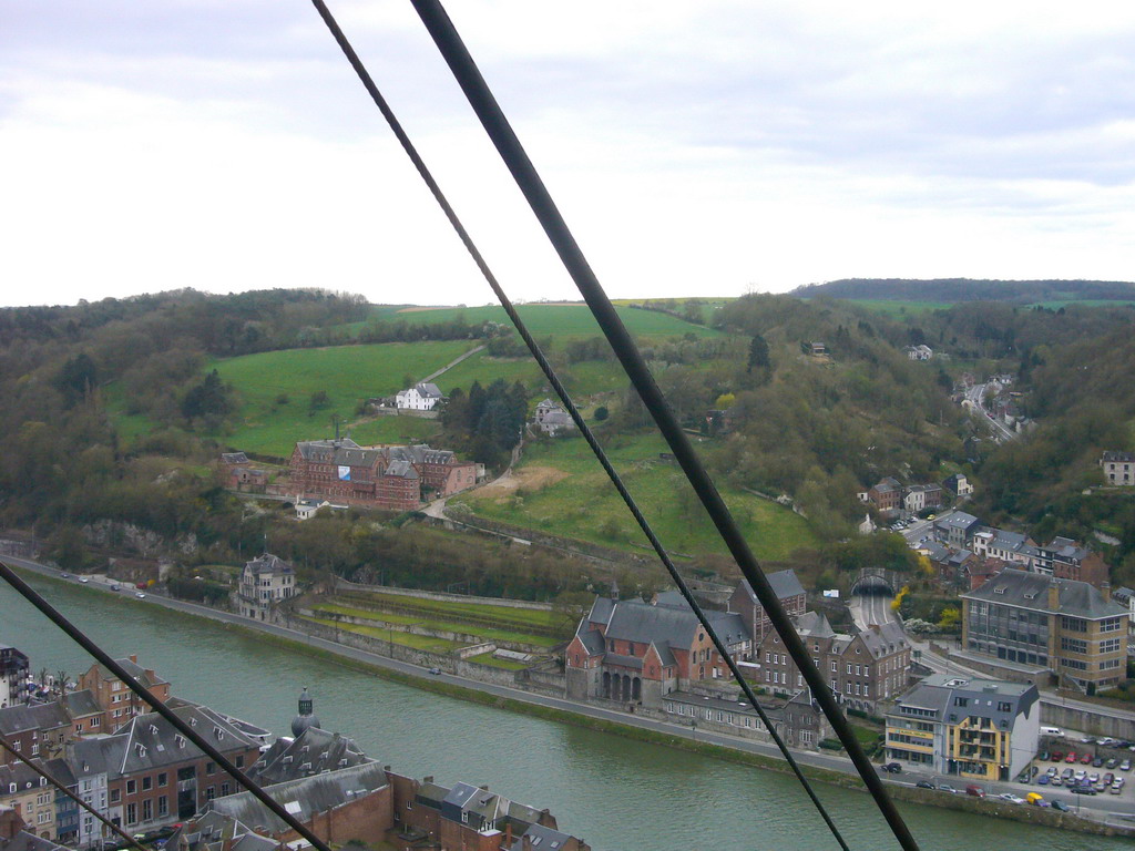 The city center with the Meuse river, the La Merveilleuse Hotel and the Villa Mouchenne restaurant, viewed from the top of the cable car ride to the southeast part of the Citadel of Dinant