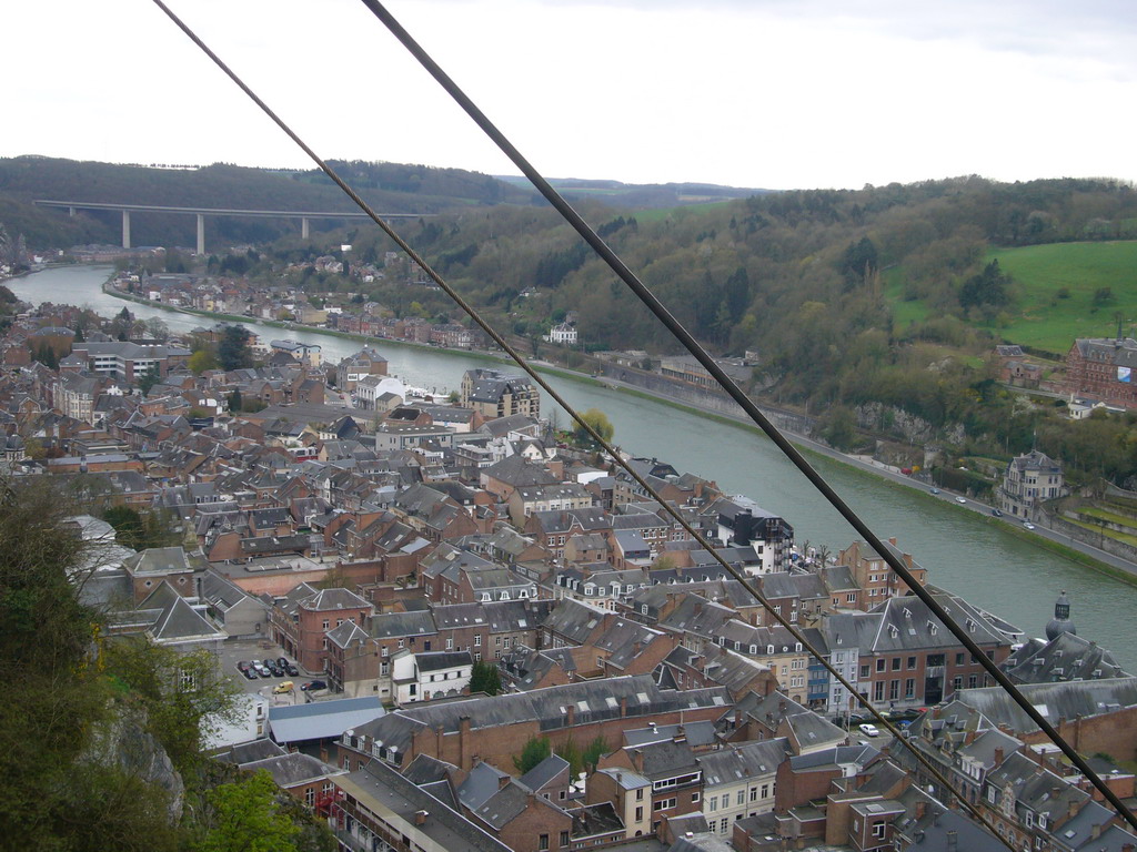 The city center with the Meuse river and the Route Charlemagne road, viewed from the top of the cable car ride to the southeast part of the Citadel of Dinant
