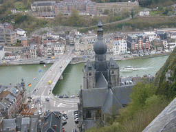 The city center with the Notre Dame de Dinant church and the Pont Charles de Gaulle bridge over the Meuse river, viewed from the top of the cable car ride to the southeast part of the Citadel of Dinant