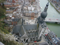 The city center with the Notre Dame de Dinant church and the Pont Charles de Gaulle bridge over the Meuse river, viewed from the Citadel of Dinant