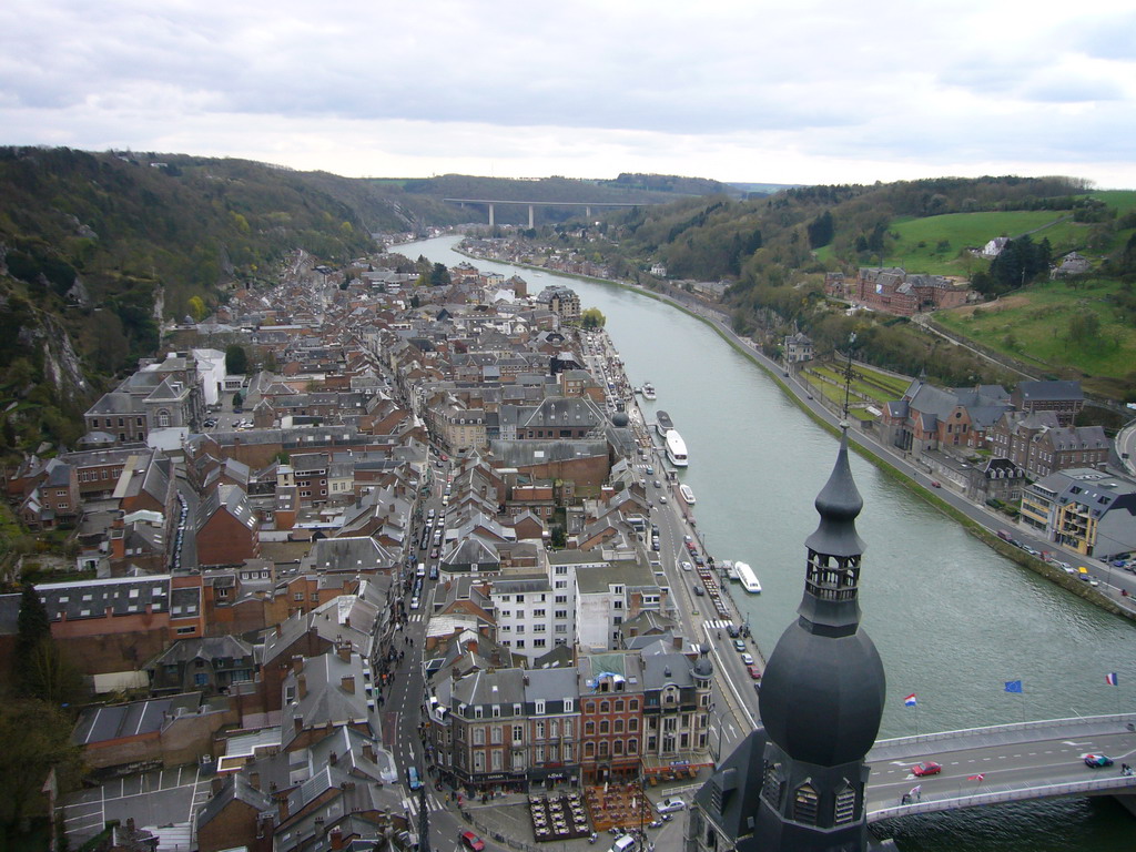 The city center with the Notre Dame de Dinant church, the Pont Charles de Gaulle bridge over the Meuse river and the Route Charlemagne road, viewed from the Citadel of Dinant