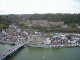 The city center with the Collège ND Bellevue school and the Pont Charles de Gaulle bridge over the Meuse river, viewed from the Citadel of Dinant