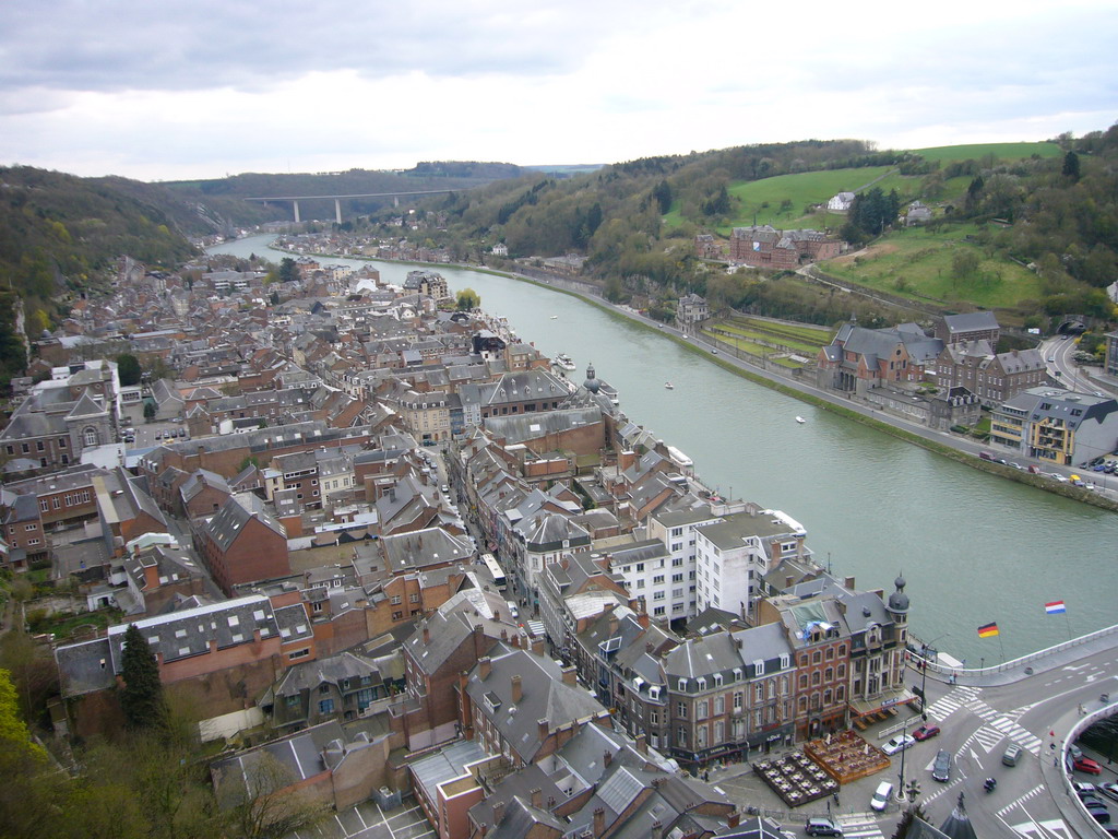 The city center with the Meuse river and the Route Charlemagne road, viewed from the Citadel of Dinant