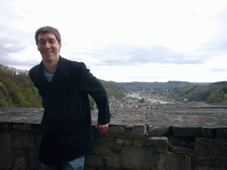 Tim at the Citadel of Dinant, with a view on the city center with the Route Charlemagne road and the Meuse river