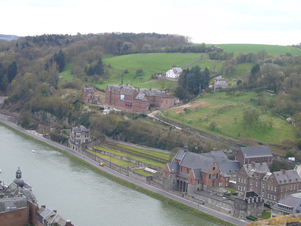 The city center with the La Merveilleuse Hotel, the Villa Mouchenne restaurant and the Meuse river, viewed from the Citadel of Dinant