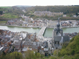 The city center with the tower of the Notre Dame de Dinant church, the Pont Charles de Gaulle bridge over the Meuse river and the Collège ND Bellevue school, viewed from the southeast part of the Citadel of Dinant