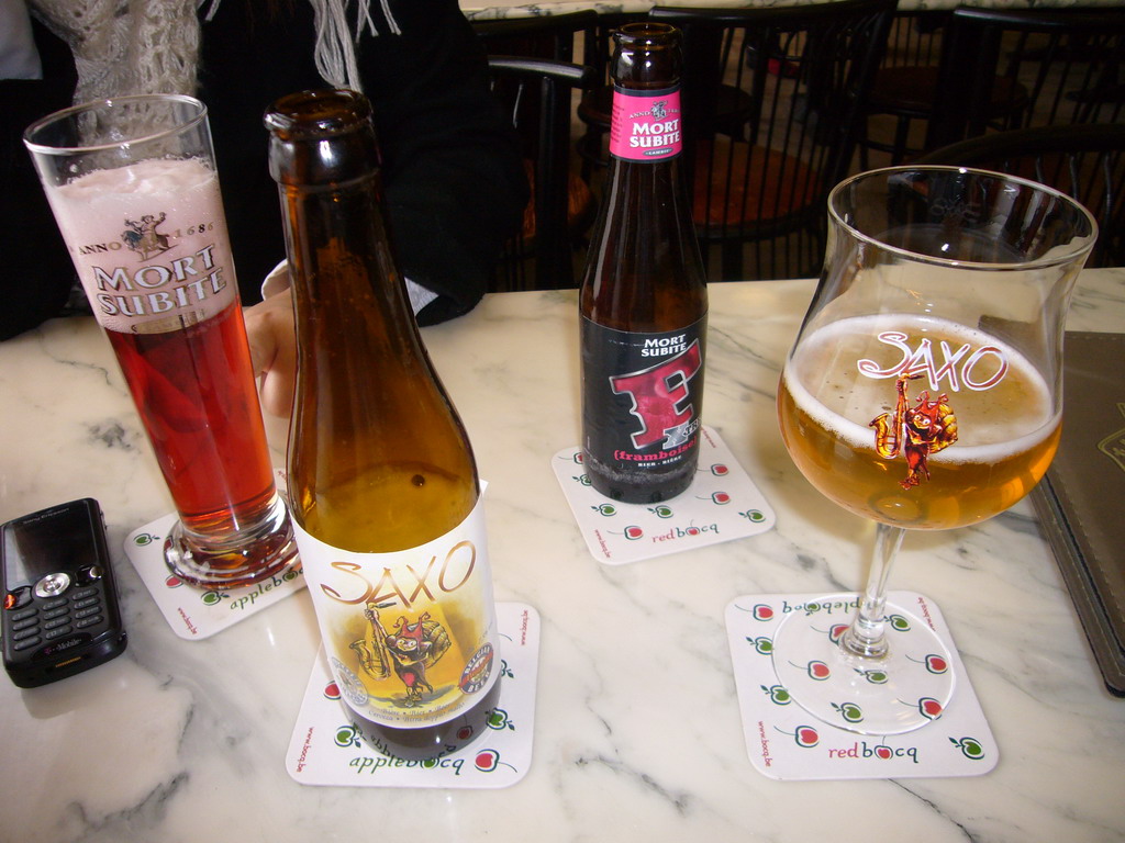 Mort Subite and Saxo beers in a pub in the city center