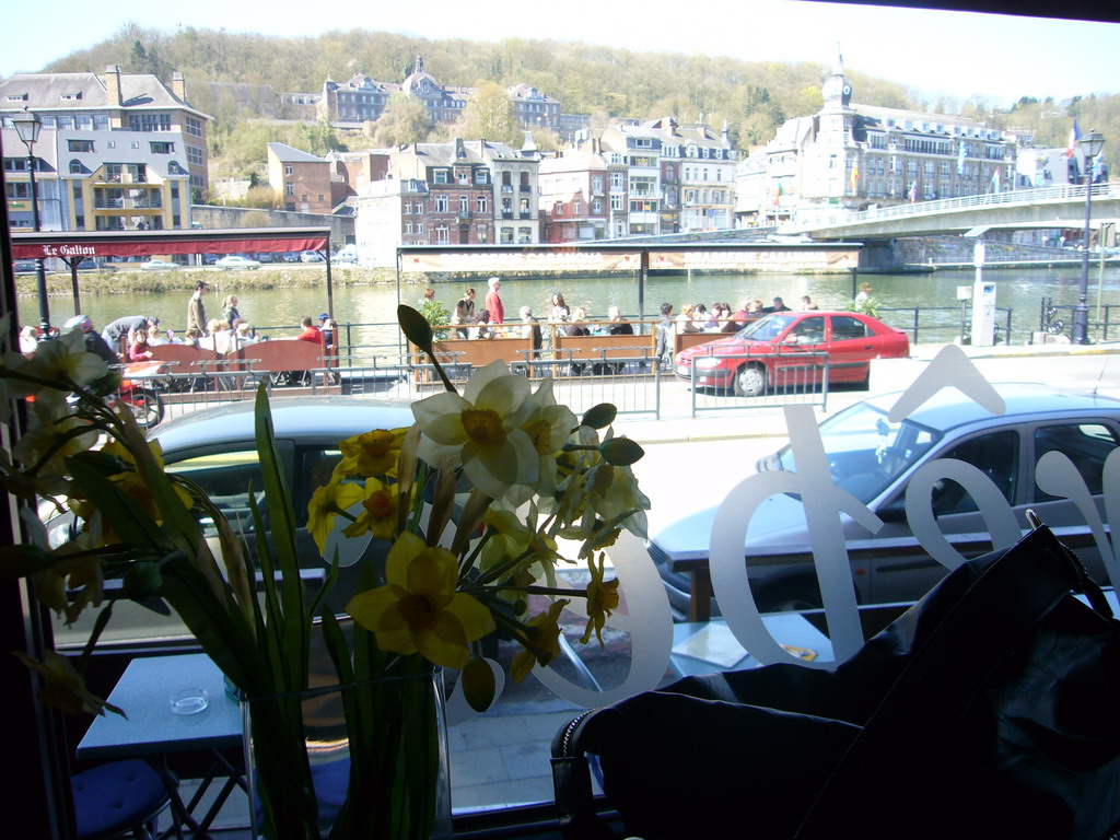 The city center with the Pont Charles de Gaulle bridge over the Meuse river and the Collège ND Bellevue school, viewed from the Brasserie Casanova