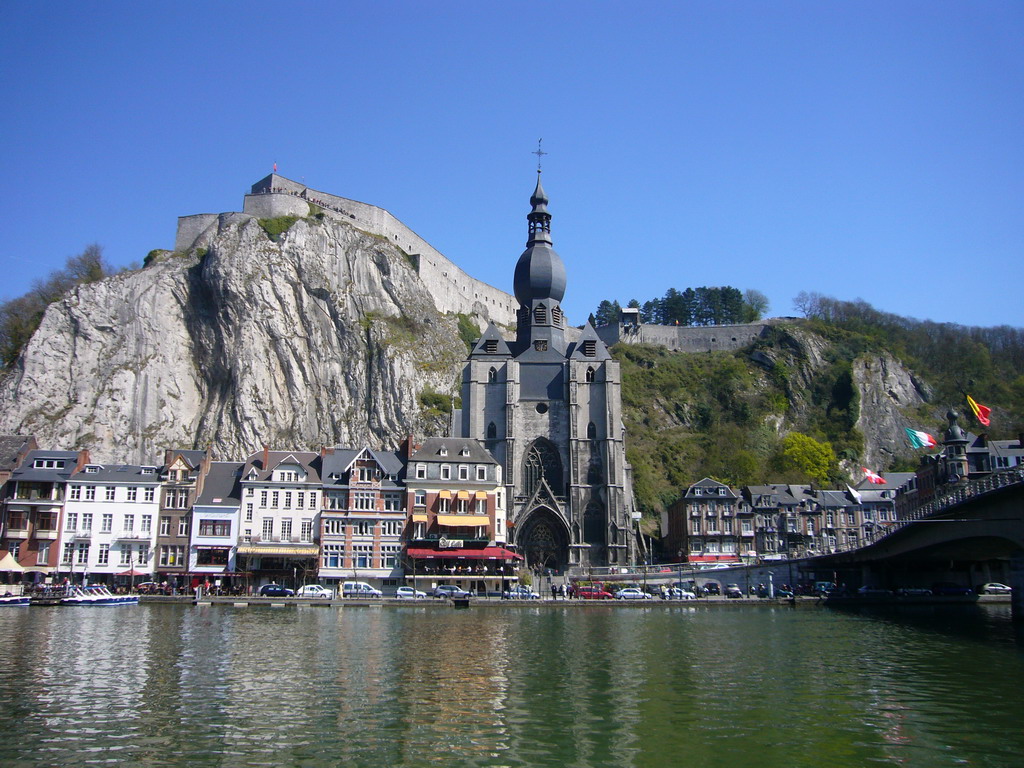 The city center with the Notre Dame de Dinant church, the Citadel of Dinant and the Pont Charles de Gaulle bridge over the Meuse river, viewed from the Avenue Colonel Cadoux