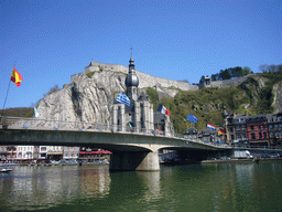 The city center with the Notre Dame de Dinant church, the Citadel of Dinant and the Pont Charles de Gaulle bridge over the Meuse river, viewed from the Avenue des Combattants