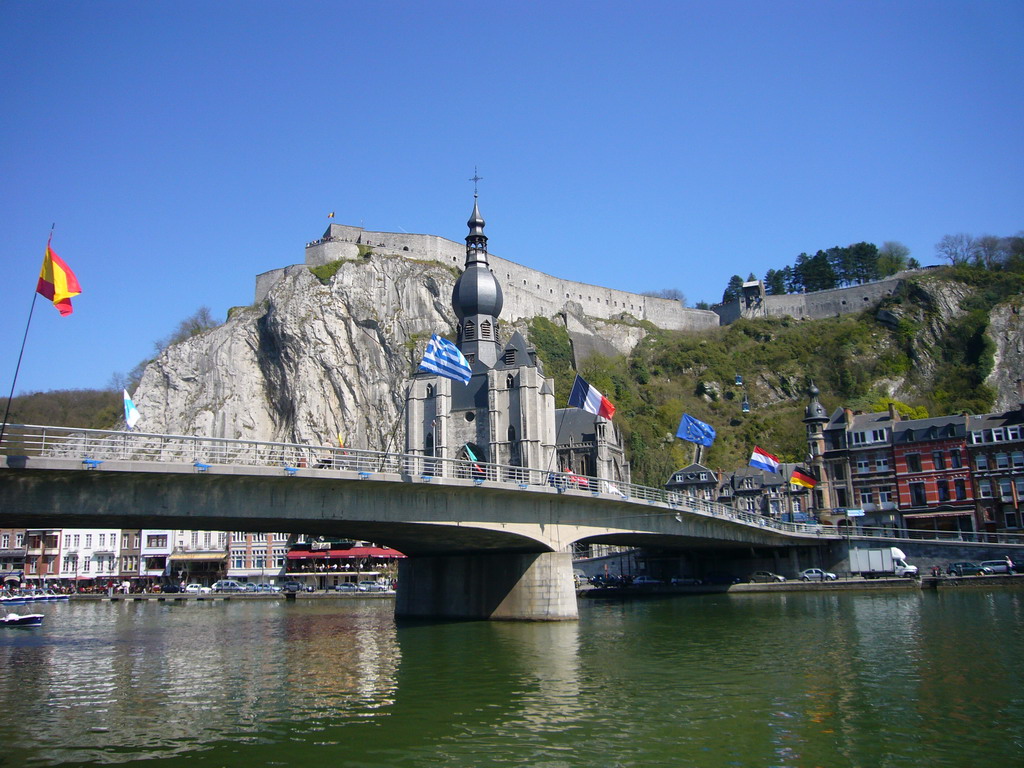 The city center with the Notre Dame de Dinant church, the Citadel of Dinant and the Pont Charles de Gaulle bridge over the Meuse river, viewed from the Avenue des Combattants