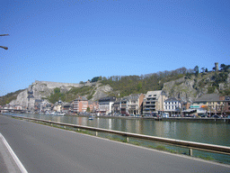 The city center with the Notre Dame de Dinant church, the Citadel of Dinant and the Pont Charles de Gaulle bridge over the Meuse river, viewed from the Avenue des Combattants