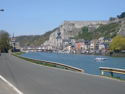 The city center with the Notre Dame de Dinant church, the Citadel of Dinant and the Pont Charles de Gaulle bridge over the Meuse river, viewed from the Avenue des Combattants