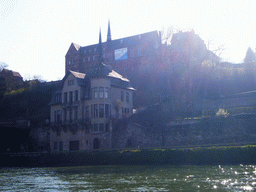 The Meuse river, the La Merveilleuse Hotel and the Villa Mouchenne restaurant, viewed from the tour boat
