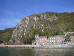 Rock at the Rue des Rivages street and the Meuse river, viewed from the tour boat