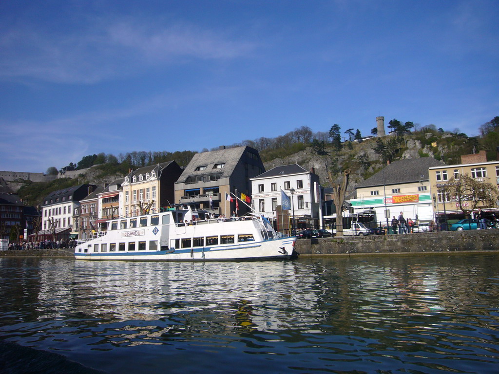 The city center and a boat on the Meuse river, viewed from the tour boat