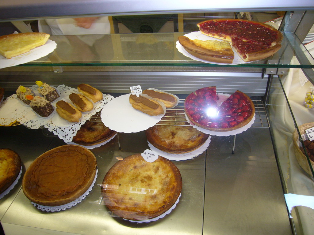 Cakes and pies in a bakery in the city center