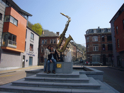 Tim and Miaomiao at the Saxophone Monument at the Rue Saint-Jacques street