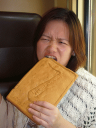 Miaomiao with a saxophone cook from Patisserie Jacobs in the train to Namur