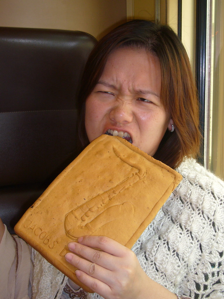 Miaomiao with a saxophone cook from Patisserie Jacobs in the train to Namur