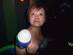 Miaomiao with laser gun in Buzz Lightyear Laser Blast, at Discoveryland of Disneyland Park