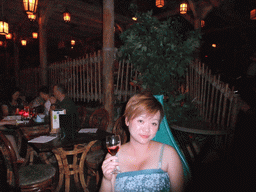 Miaomiao having wine in the Blue Lagoon Restaurant, at Adventureland of Disneyland Park