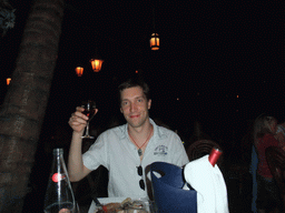 Tim having wine in the Blue Lagoon Restaurant, at Adventureland of Disneyland Park