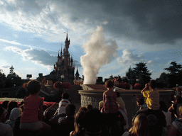 Smoke on the Central Stage and Sleeping Beauty`s Castle, at Disneyland Park