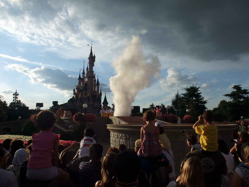 Smoke on the Central Stage and Sleeping Beauty`s Castle, at Disneyland Park
