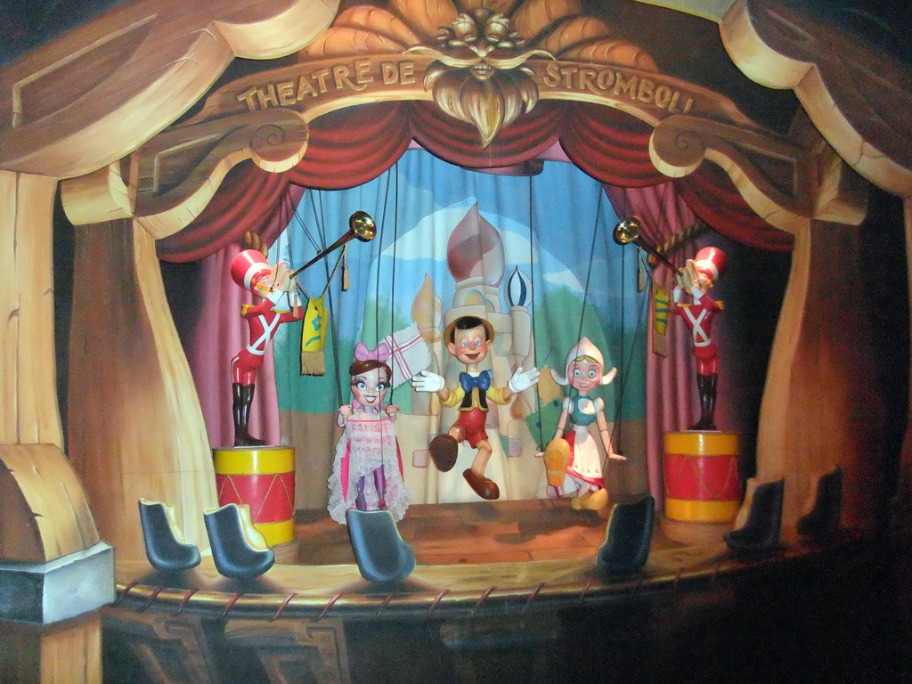 Pinocchio and other puppets in Pinocchio`s Daring Journey, at Fantasyland of Disneyland Park