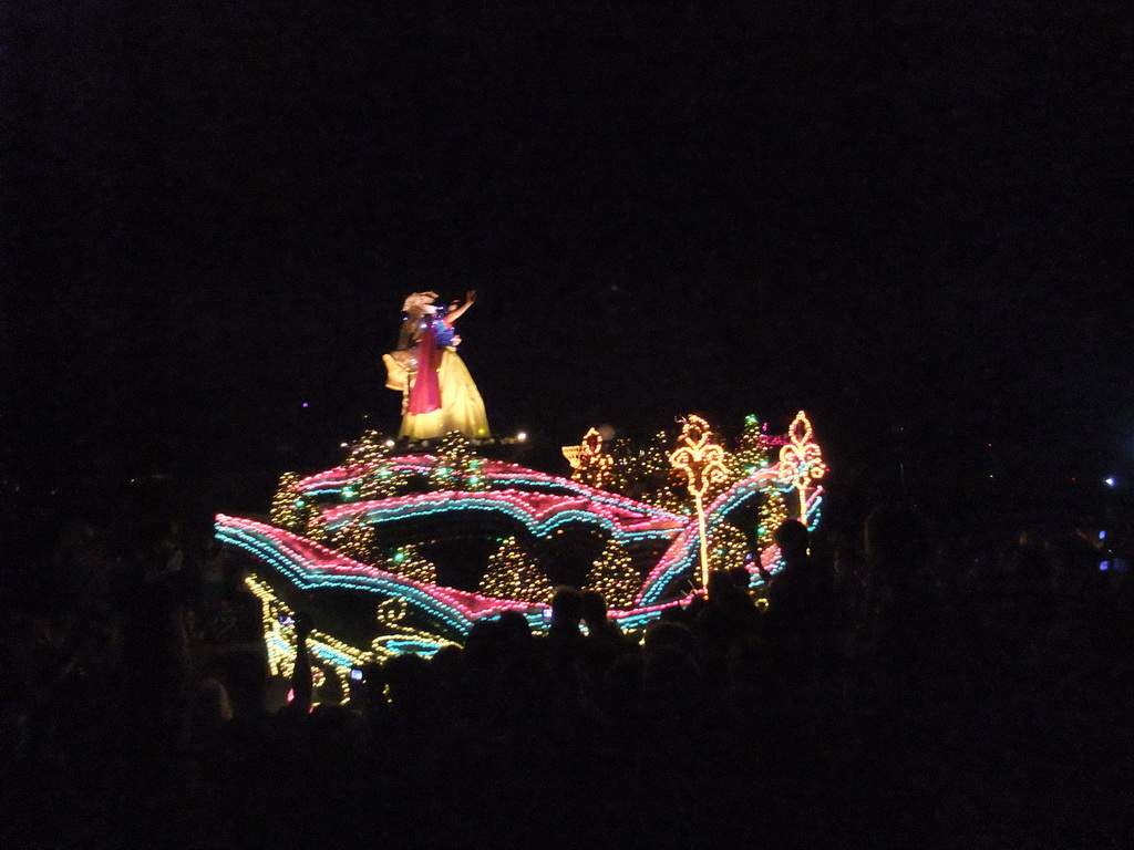 Snow White and the Prince in Disney`s Fantillusion parade, at Disneyland Park