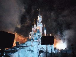 Sleeping Beauty`s Castle, at Fantasyland of Disneyland Park, during the Enchanted Fireworks, by night