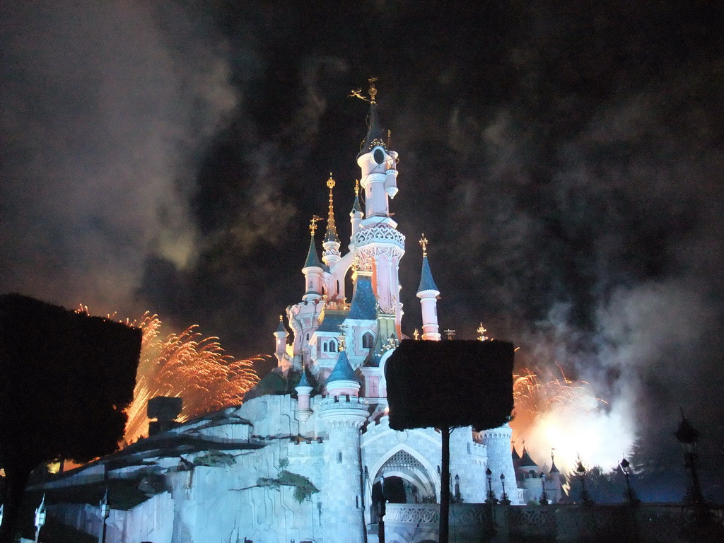 Sleeping Beauty`s Castle, at Fantasyland of Disneyland Park, during the Enchanted Fireworks, by night