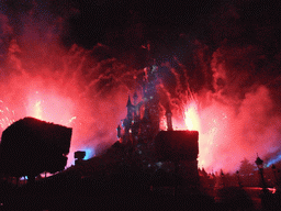 Sleeping Beauty`s Castle, at Fantasyland of Disneyland Park, during the Enchanted Fireworks, by night