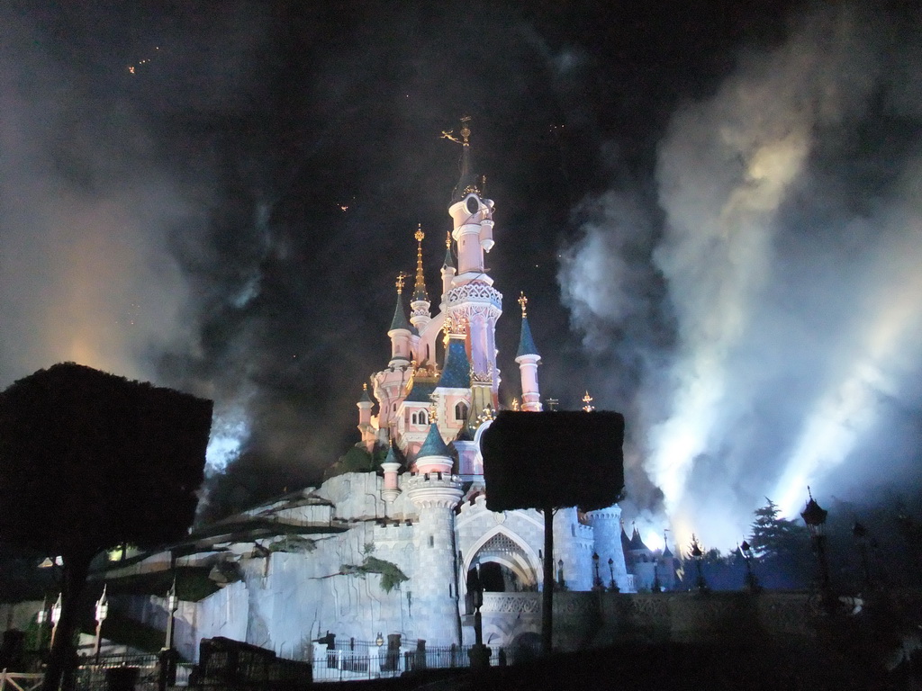 Sleeping Beauty`s Castle, at Fantasyland of Disneyland Park, during the Enchanted Fireworks, by night