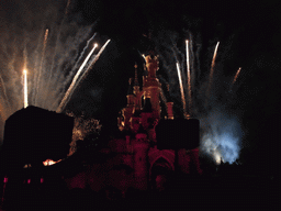 Sleeping Beauty`s Castle, at Fantasyland of Disneyland Park, during the Enchanted Fireworks, by night