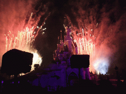 Sleeping Beauty`s Castle, at Fantasyland of Disneyland Park, during the Enchanted Fireworks, by night