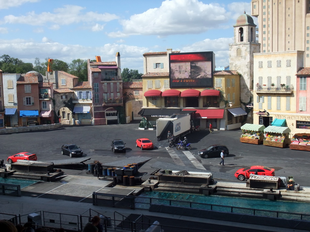 Cars and motorcycles at `Moteurs... Action! Stunt Show Spectacular`, at the Backlot of Walt Disney Studios Park