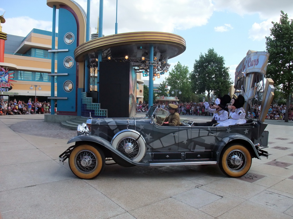 Mickey and Minnie in Disney`s Stars `n` Cars parade, at the Production Courtyard of Walt Disney Studios Park