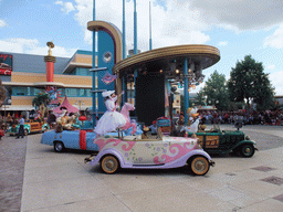 Donald, Mary Poppins, Aladdin and Princess Jasmine in Disney`s Stars `n` Cars parade, at the Production Courtyard of Walt Disney Studios Park