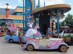 Daisy, Mary Poppins, Aladdin and Princess Jasmine in Disney`s Stars `n` Cars parade, at the Production Courtyard of Walt Disney Studios Park