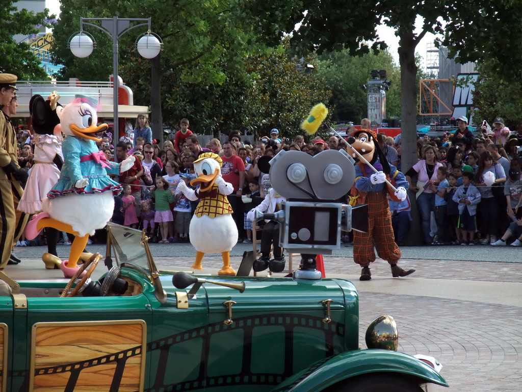 Minnie, Daisy, Donald, Mickey and Goofy in Disney`s Stars `n` Cars parade, at the Production Courtyard of Walt Disney Studios Park