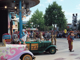 Goofy, Milo, Daisy and Snow White in Disney`s Stars `n` Cars parade, at the Production Courtyard of Walt Disney Studios Park