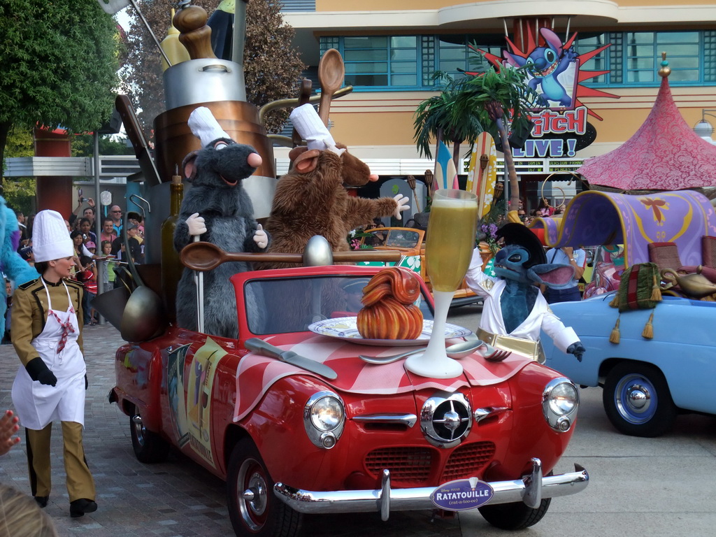 Remy, Emile and Stitch in Disney`s Stars `n` Cars parade, at the Production Courtyard of Walt Disney Studios Park