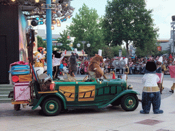 Remy, Emile, Stitch, Donald, Goofy and Mickey in Disney`s Stars `n` Cars parade, at the Production Courtyard of Walt Disney Studios Park