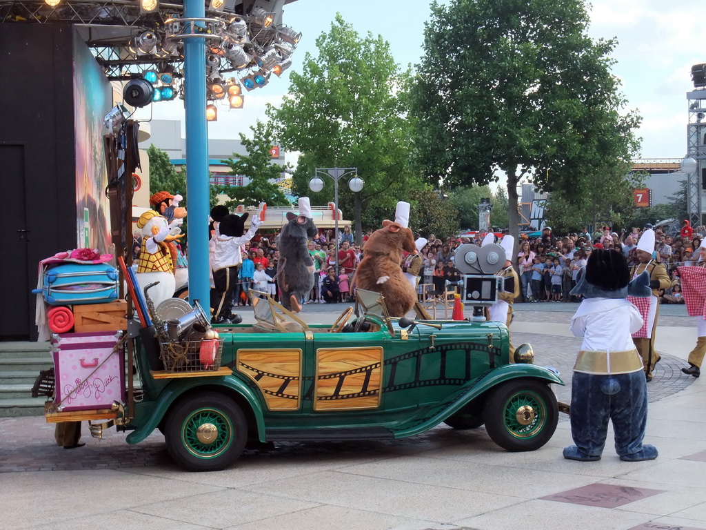 Remy, Emile, Stitch, Donald, Goofy and Mickey in Disney`s Stars `n` Cars parade, at the Production Courtyard of Walt Disney Studios Park