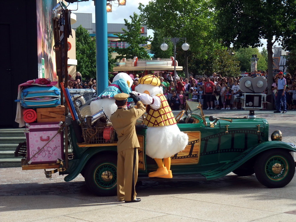 Donald and Daisy in Disney`s Stars `n` Cars parade, at the Production Courtyard of Walt Disney Studios Park