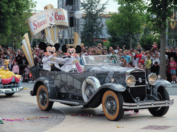 Mickey and Minnie in Disney`s Stars `n` Cars parade, at the Production Courtyard of Walt Disney Studios Park